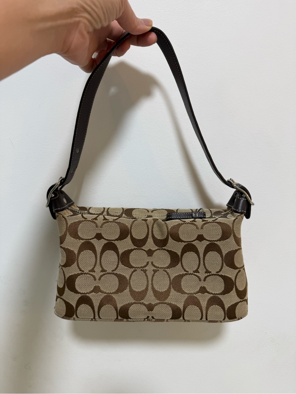 Coach Brown Signature Canvas Shoulder Bag with Dark Brown Trim